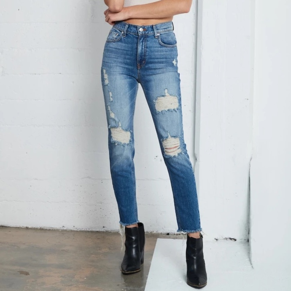 Revice uptown high rise rigid denim distressed jeans with fringed hem size 30